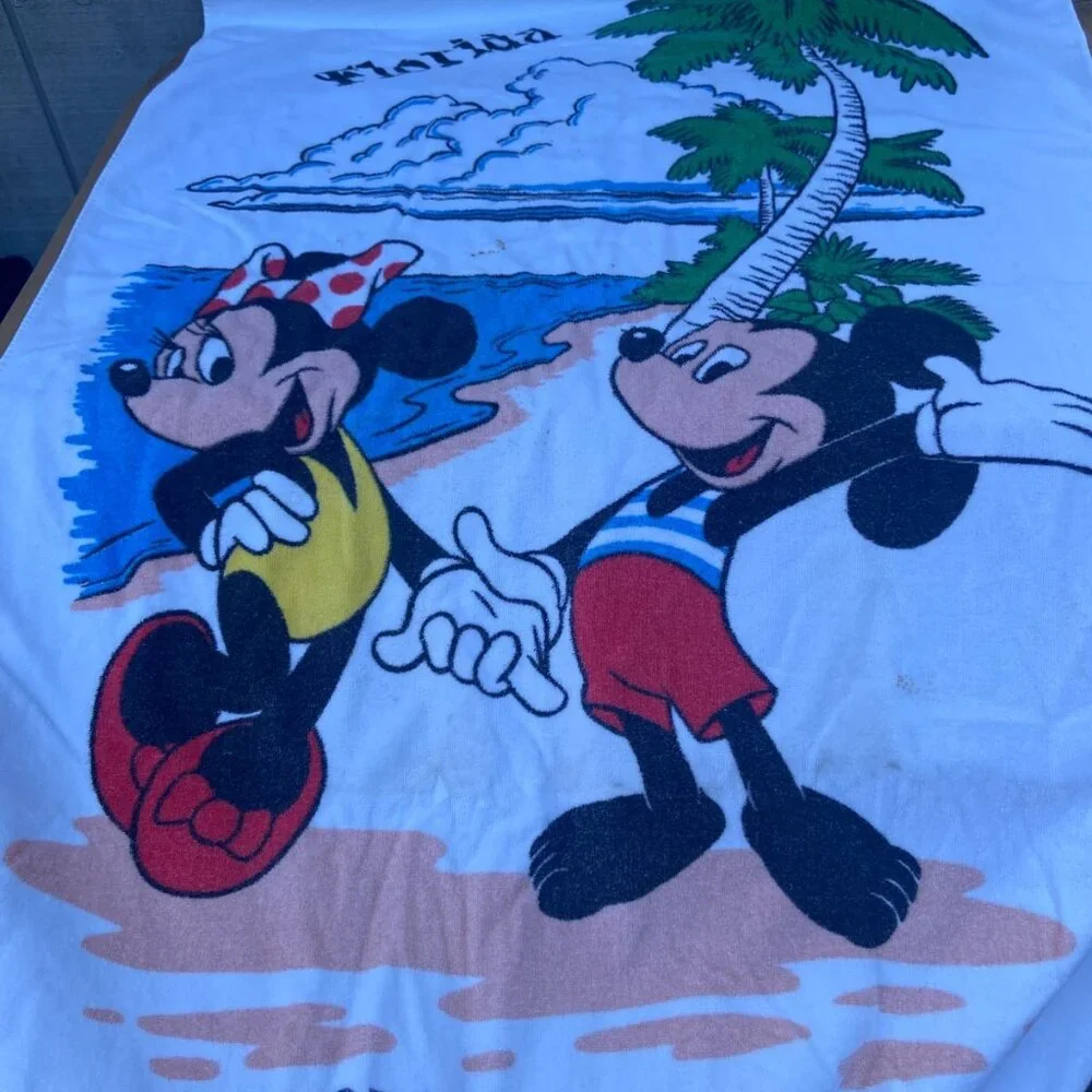 Vintage 90s Disney Retro Beach Towel Mickey Minnie Mouse Florida Palm Tree